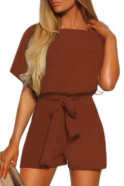 Women Casual Short Sleeves Self-Tie Belted Short Romper Jumpsuits -Women's clothing 28445133373489 8