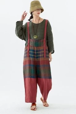 Linen Women Plaid Pocket Button Casual Loose Jumpsuits Dungarees