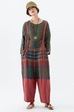 Linen Women Plaid Pocket Button Casual Loose Jumpsuits Dungarees -Women's clothing 28505370460222 3