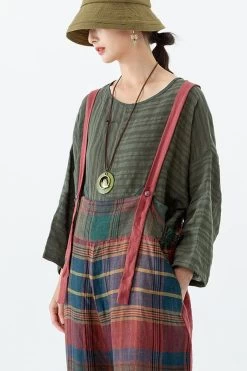 Linen Women Plaid Pocket Button Casual Loose Jumpsuits Dungarees -Women's clothing 28505370591294 5