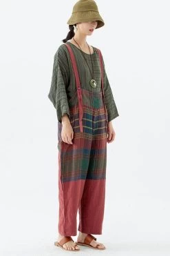 Linen Women Plaid Pocket Button Casual Loose Jumpsuits Dungarees -Women's clothing 28505371017278 4