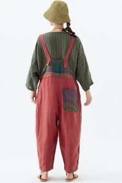 Linen Women Plaid Pocket Button Casual Loose Jumpsuits Dungarees -Women's clothing 28505372655678 6