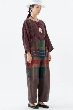 Women Plaid Pocket Linen Loose Button Casual Jumpsuits Dungarees -Women's clothing 28505391530046 3