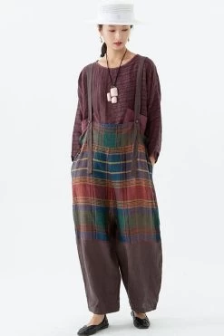 Women Plaid Pocket Linen Loose Button Casual Jumpsuits Dungarees