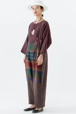 Women Plaid Pocket Linen Loose Button Casual Jumpsuits Dungarees -Women's clothing 28505392414782 4