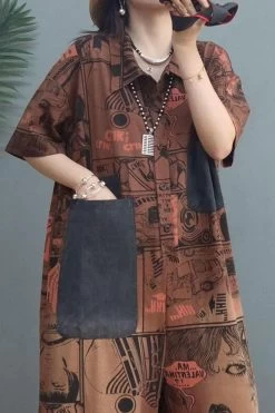 Women Vintage Letter Patchwork Pocket Short Sleeve Jumpsuits -Women's clothing 28528399843390 4