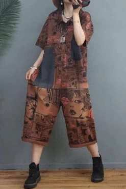 Women Vintage Letter Patchwork Pocket Short Sleeve Jumpsuits -Women's clothing 28528399876158 6