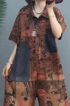 Women Vintage Letter Patchwork Pocket Short Sleeve Jumpsuits -Women's clothing 28528399941694 5