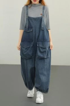 Denim Cotton Women Button Pocket Casual Lantern Jumpsuits