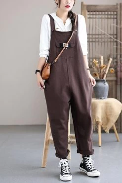 Women Solid Color Button Pocket Casual Jumpsuits Dungarees