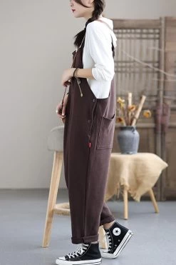 Women Solid Color Button Pocket Casual Jumpsuits Dungarees -Women's clothing 28590628503614 5