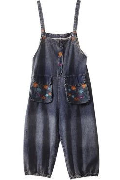 Women Pocket Floral Denim Cotton Embroidered Casual Jumpsuits -Women's clothing 28590673854526 9