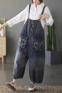 Women Pocket Floral Denim Cotton Embroidered Casual Jumpsuits