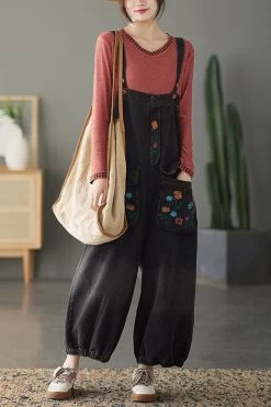 Women Pocket Floral Denim Cotton Embroidered Casual Jumpsuits -Women's clothing 28590673985598 5
