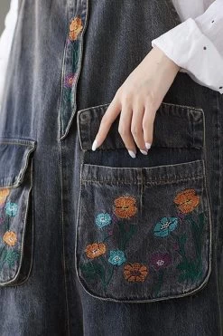 Women Pocket Floral Denim Cotton Embroidered Casual Jumpsuits -Women's clothing 28590674182206 10