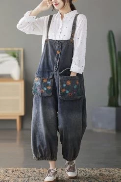 Women Pocket Floral Denim Cotton Embroidered Casual Jumpsuits -Women's clothing 28590674313278 3