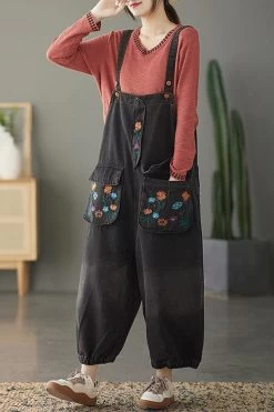 Women Pocket Floral Denim Cotton Embroidered Casual Jumpsuits -Women's clothing 28590674509886 4