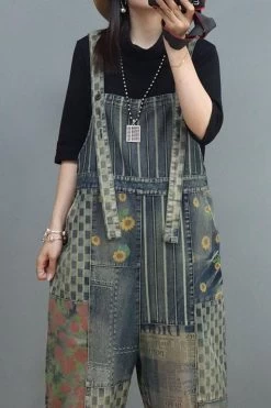 Women Denim Cotton Stitching Print Floral Casual Jumpsuits -Women's clothing 28603943518270 8