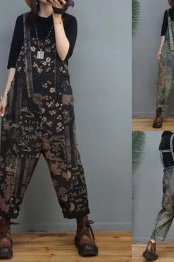 Women Denim Cotton Stitching Print Floral Casual Jumpsuits