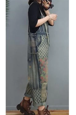 Women Denim Cotton Stitching Print Floral Casual Jumpsuits -Women's clothing 28603943649342 5