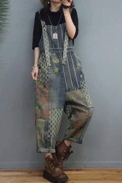 Women Denim Cotton Stitching Print Floral Casual Jumpsuits -Women's clothing 28603943682110 4