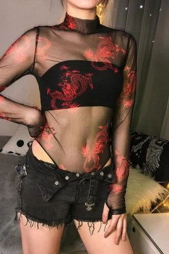 Women Sexy Black Crop Jumpsuits Red Green Chinese Vintage Dragon Print Mock Neck Long Sleeve Hollow Mesh See Through Bodysuits