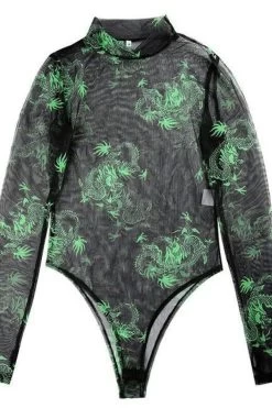 Women Sexy Black Crop Jumpsuits Red Green Chinese Vintage Dragon Print Mock Neck Long Sleeve Hollow Mesh See Through Bodysuits -Women's clothing 28862087954614 3