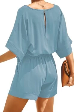 Blue Women Casual Short Sleeves Self-Tie Belted Short Romper Jumpsuits -Women's clothing 36344326652151 3