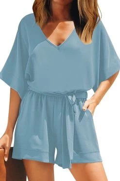 Blue Women Casual Short Sleeves Self-Tie Belted Short Romper Jumpsuits -Women's clothing 36344326783223 4