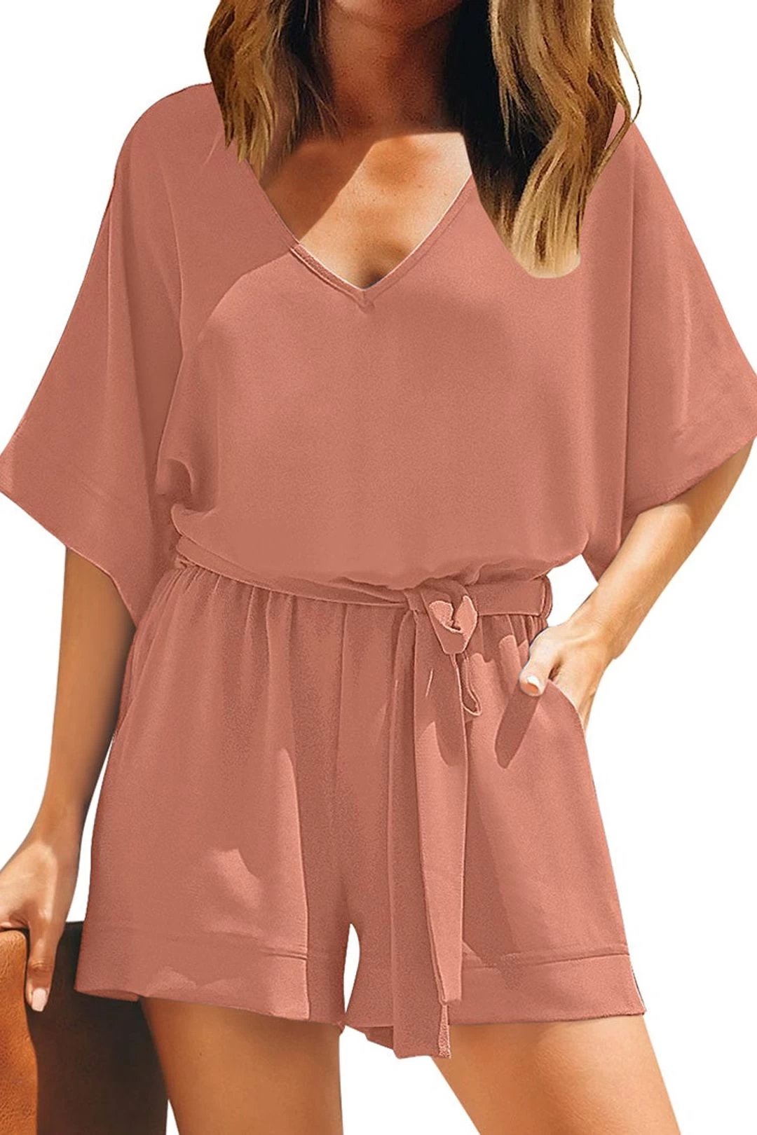 Pink Women Casual Short Sleeves Self-Tie Belted Short Romper Jumpsuits 4 Pink Women Casual Short Sleeves Self-Tie Belted Short Romper Jumpsuits - Image 2