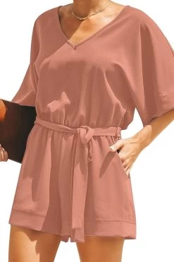 Pink Women Casual Short Sleeves Self-Tie Belted Short Romper Jumpsuits 8 Pink Women Casual Short Sleeves Self-Tie Belted Short Romper Jumpsuits -Women's clothing 36344328650999 3