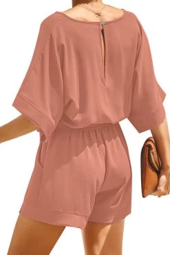 Pink Women Casual Short Sleeves Self-Tie Belted Short Romper Jumpsuits 9 Pink Women Casual Short Sleeves Self-Tie Belted Short Romper Jumpsuits -Women's clothing 36344328683767 4