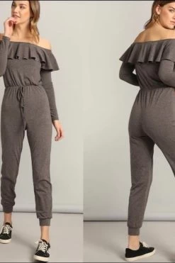 Women Waist Knot Sexy Ruffle Bardot Jumpsuit / Off The Shoulder Yogawear -Women's clothing 4519995867189 3