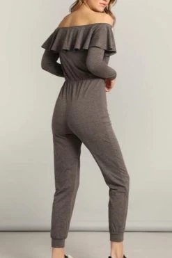 Women Waist Knot Sexy Ruffle Bardot Jumpsuit / Off The Shoulder Yogawear -Women's clothing 4519995899957 4