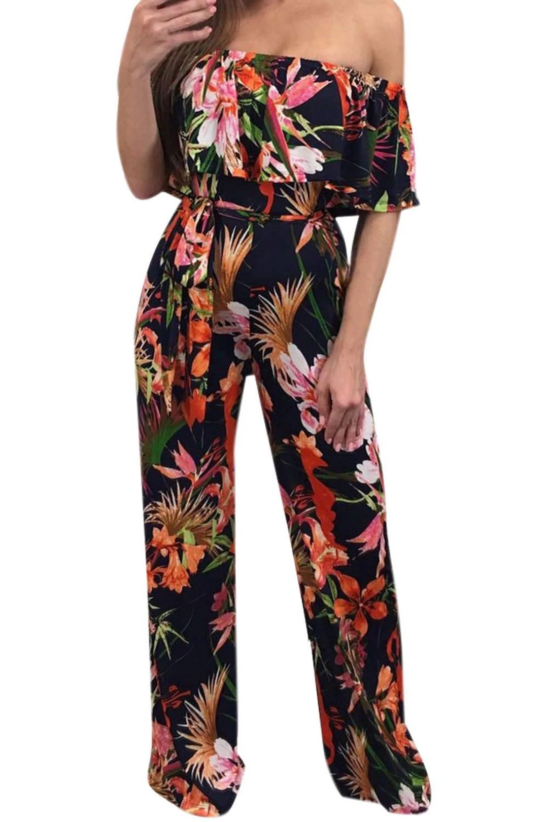 Iyasson Women Off-the-Shoulder High Waist Wide-Leg Floral Jumpsuit 3 Iyasson Women Off-the-Shoulder High Waist Wide-Leg Floral Jumpsuit