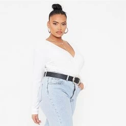 I Saw It First Plus Size Long Sleeve Plunge Wrap Bodysuit