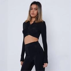 I Saw It First Slinky Long Sleeve Ruched Button Up Collared Crop Top -Women's clothing 63465003 xxl a1