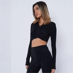 I Saw It First Slinky Long Sleeve Ruched Button Up Collared Crop Top -Women's clothing 63465003 xxl a2
