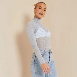 I Saw It First Flocked Mesh Polka Dot Lettuce Hem High Neck Bodysuit -Women's clothing 64468918 xxl a2