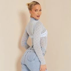 I Saw It First Flocked Mesh Polka Dot Lettuce Hem High Neck Bodysuit -Women's clothing 64468918 xxl a3