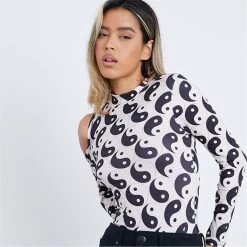 I Saw It First Yin Yang Print Cut Out Long Sleeved Bodysuit