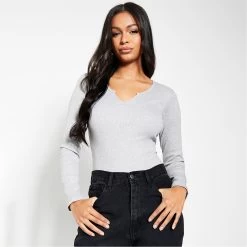 I Saw It First Cotton Rib Notch Front Long Sleeve Bodysuit