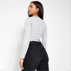 I Saw It First Cotton Rib Notch Front Long Sleeve Bodysuit -Women's clothing 65494902 xxl a3