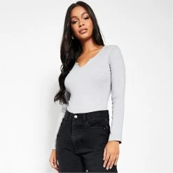 I Saw It First Cotton Rib Notch Front Long Sleeve Bodysuit -Women's clothing 65494902 xxl a4