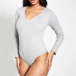 I Saw It First Cotton Rib Notch Front Long Sleeve Bodysuit -Women's clothing 65494902 xxl a5
