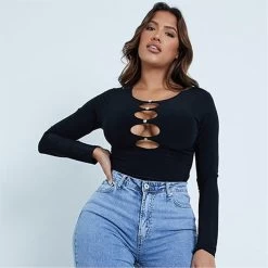 I Saw It First Diamante Cut Out Double Layer Long Sleeve Bodysuit -Women's clothing 65554903 xxl a3